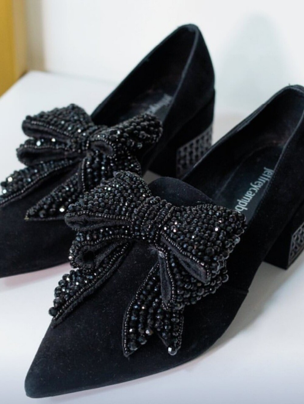 Jeffry Campbell Shoes, Size 6, Black Suede, Bow Rhinestone Glamour